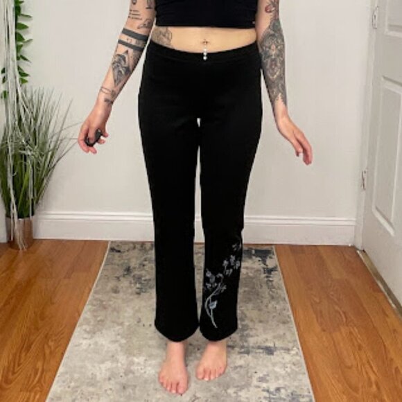 Y2K Express Stretch Floral Pull-On Sweatpants Elastic Waist Size S Black - Picture 2 of 10
